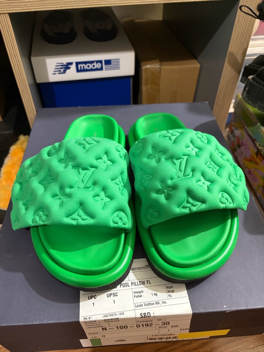 Louis Vuitton Bright Green pillow pool slides